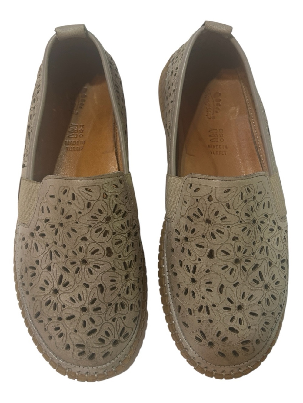 Spring Step Floral Cutout Leather Slip On Loafers Taupe Comfort Shoes EU39